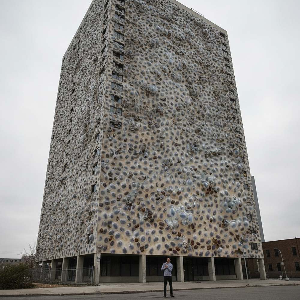 無数の穴が開いた建物