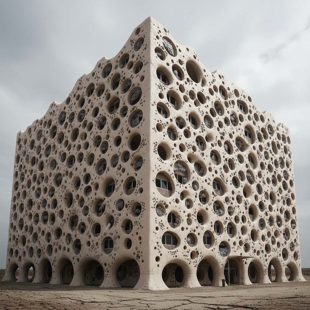 無数の穴が開いた建物